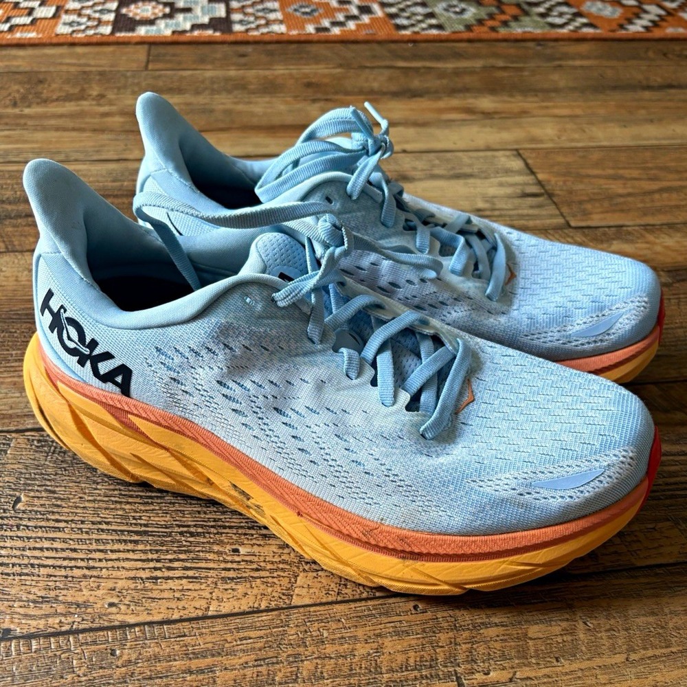 HOKA ONE ONE Clifton 8 Women's Blue Orange Yellow Mesh Lace-Up Running size 9D
